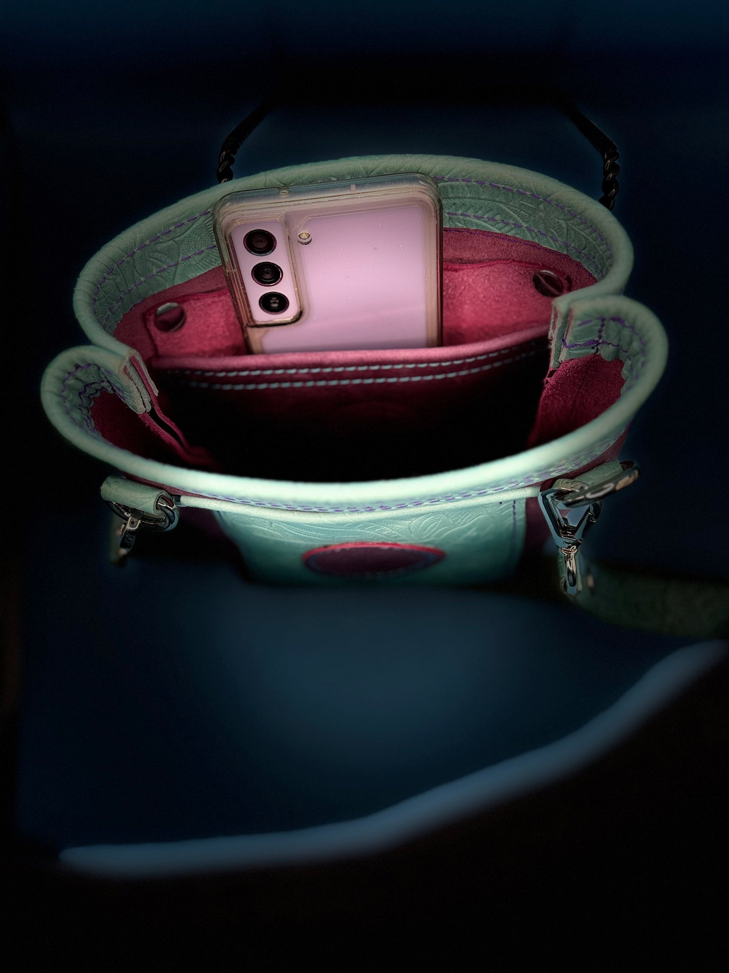 Berry Bucket Tote in Purple with Embossed Floral Accents