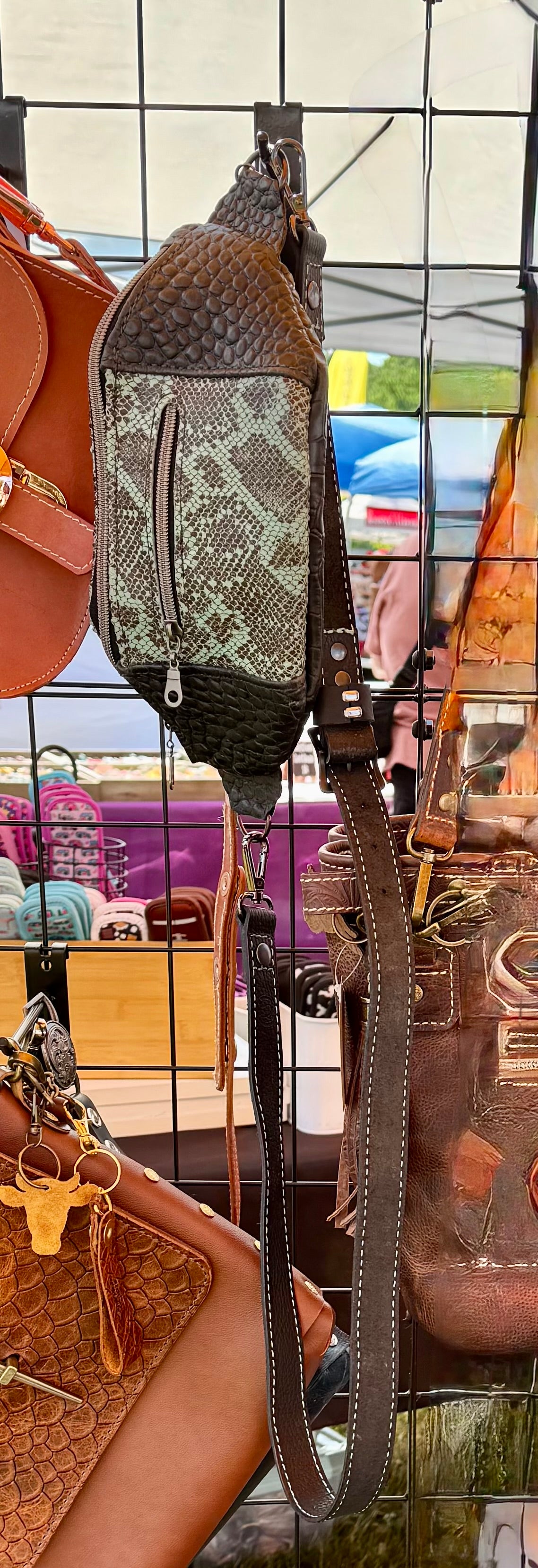 Crossbody Sling Bag, Black with Embossed Snakeskin