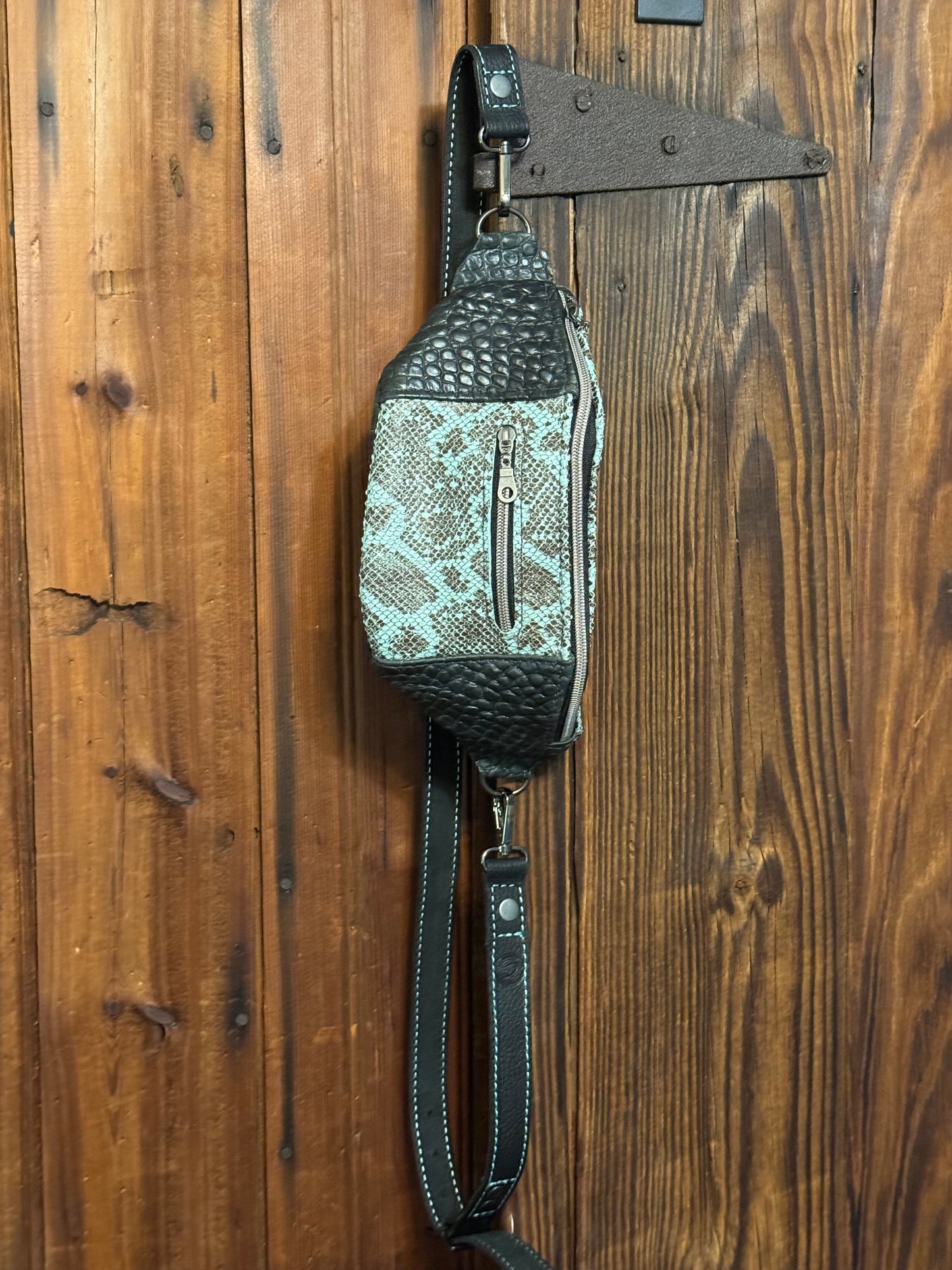 Crossbody Sling Bag, Black with Embossed Snakeskin