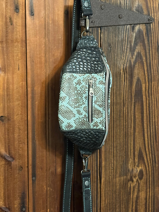 Crossbody Sling Bag, Black with Embossed Snakeskin